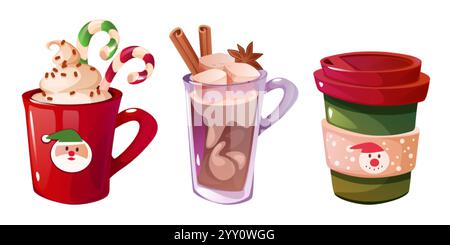 Collection de boissons festives d'hiver - tasse de chocolat chaud avec de la crème fouettée et des cannes de bonbon, verre de cacao chaud garni de bâtonnets de cannelle et de marshm Illustration de Vecteur