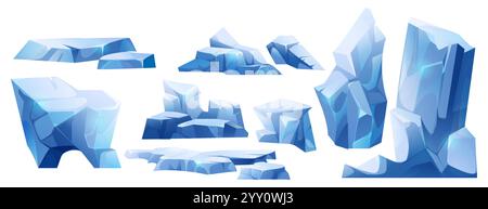 Formations glaciaires cristallines bleues. Diverses structures de glace arctique de différentes hauteurs et tailles, sommets de montagne gelés, falaises et fragments flottants fo Illustration de Vecteur