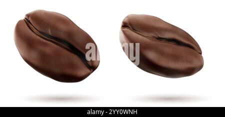 Ensemble de grains de café 3D isolé sur fond blanc. Illustration réaliste vectorielle de grain torréfié brun pour espresso ou cappuccino, café ou boutique Illustration de Vecteur