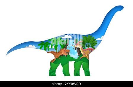 Dinosaure coupé en papier préhistorique avec des personnages de lézards Dino dans la forêt de la jungle, bannière vectorielle. Dessin animé drôle ère Jurassique T-rex tyrannosaurus dans la silhouette géante de dinosaure papier avec forêt pour les enfants Illustration de Vecteur