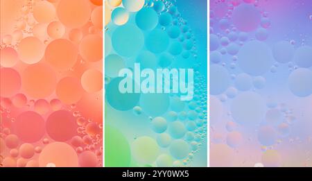 ensemble vibrant de bulles d'huile abstraites dans des dégradés d'orange chaud, de bleu et de violet doux. Parfait pour les conceptions créatives, les visuels modernes, le fond artistique Banque D'Images