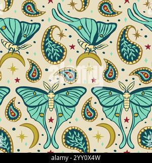 Motif sans couture avec motif céleste luna Moth et Paisley. Fond d'écran boho étoiles et lunes Illustration de Vecteur