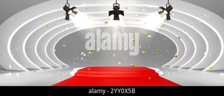 Tapis rouge de piste menant à un podium d'escaliers circulaires avec des éléments d'arche blanche courbés. Des spots professionnels illuminent la scène, des pièces de confettis dorés Illustration de Vecteur