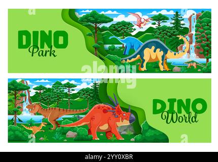 Dino Park bannières découpées en papier avec des personnages de dinosaures préhistoriques. Dinos jurassiques drôles au fond de forêt avec des bordures de coupe de papier 3d vecteur. Dessin animé tyrannosaurus, vélociraptor, dinosaures pteranodon Illustration de Vecteur