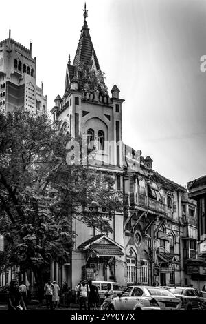 11 18 2017 Vintage photo noir et blanc de l'architecture patrimoniale-1889.AD.Bowen Memorial Eglise méthodiste-Tullock Road ; Apollo Bandar ; Colaba ; Mumbai; Banque D'Images