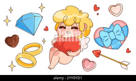 Mignon personnage rétro Cupidon tenant le coeur entouré de symboles romantiques - diamant étincelant, bonbons au chocolat, bagues de mariage, flèche d'amour, cadeau rose wi Illustration de Vecteur