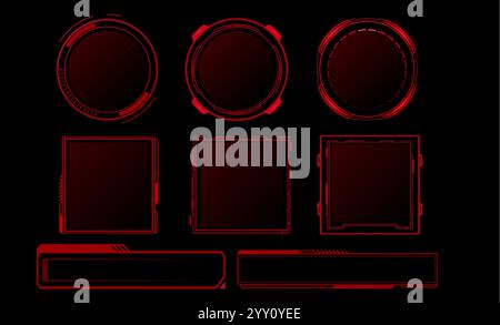 Collection futuriste de cadres numériques rouges avec des bordures circulaires, des formes rectangulaires et des bannières allongées pour la conception d'interface de jeu dans le style cyberpunk. Illustration de Vecteur
