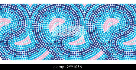 Motif mosaïque avec design marin - carreaux carrés bleus et roses disposés en vagues courbes. Frontière de vecteur 3d réaliste de la décoration de la piscine, bathr Illustration de Vecteur