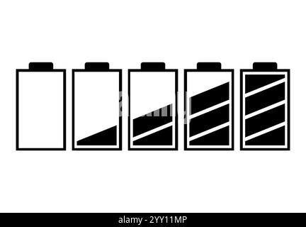 Un jeu de cinq batteries avec différents indicateurs de charge. Illustration vectorielle Illustration de Vecteur