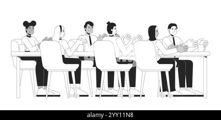 Collègues multiculturels applaudissant à la table des caractères en ligne 2D noir et blanc Illustration de Vecteur