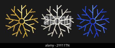 Flocons de neige pailletés sur fond sombre. Lot de trois flocons de neige dorés, argentés et bleus à paillettes. Éléments de décoration de Noël et du nouvel an. Vecteur illu Illustration de Vecteur