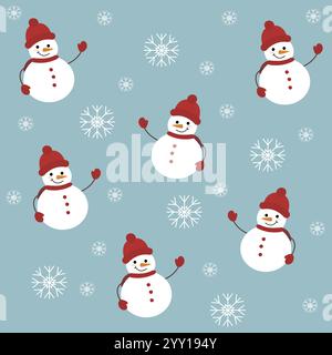 Bonhommes de neige souriants et motif flocons de neige Illustration de Vecteur