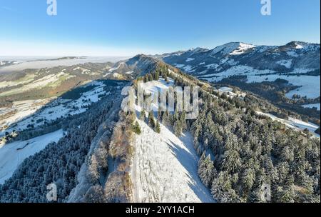 Photo aérienne panoramique hivernale du paysage alpin enneigé de la chaîne de montagnes Nagelfluh à Steibis, Alpes d'Allgaeu, Bavière, Allemagne Banque D'Images