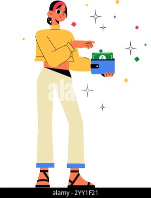 Personnage féminin tenant portefeuille avec Cash in Flat Vector illustration symbolisant les finances personnelles, la richesse et la gestion de l'argent, isolé sur blanc Illustration de Vecteur