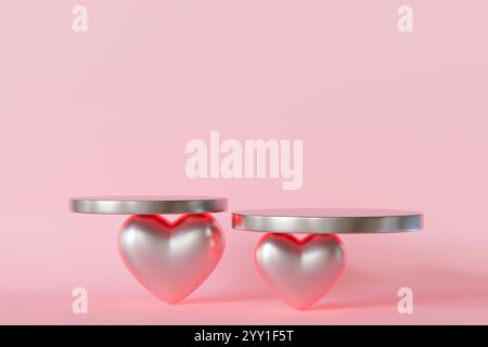 Rendu en 3D sur le thème de la Saint-Valentin avec deux bases métalliques en forme de coeur avec des plates-formes rondes sur fond rose doux. Parfait pour Banque D'Images