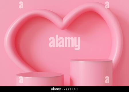 Affichage minimaliste de produits de la Saint-Valentin avec fond rose doux, décor en forme de coeur 3D et deux podiums cylindriques pour présenter des produits Banque D'Images