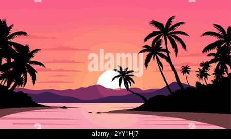 Beau paysage avec coucher de soleil sur la plage de la mer Illustration de Vecteur