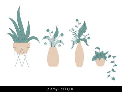 Collection de plantes en pot dans un style d'art plat vectoriel minimaliste, avec des feuilles décoratives. Illustration de Vecteur