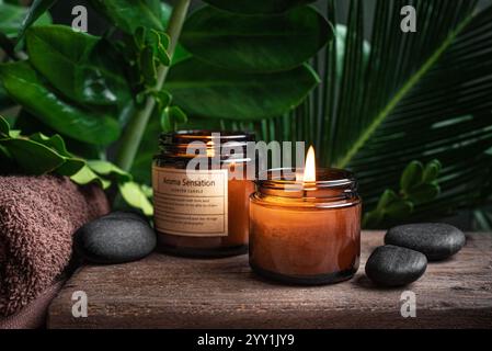 Composition de spa avec des bougies brûlantes d'arôme, des pierres zen, des feuilles de palmier comme fond. Bien-être, massage relaxant et concept de soins corporels. Banque D'Images