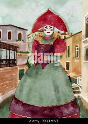 Une silhouette masquée à couper le souffle portant un costume vénitien traditionnel se dresse élégamment au bord d'un canal pittoresque. Scène aquarelle pour une carte postale souvenir ou une affiche. Banque D'Images