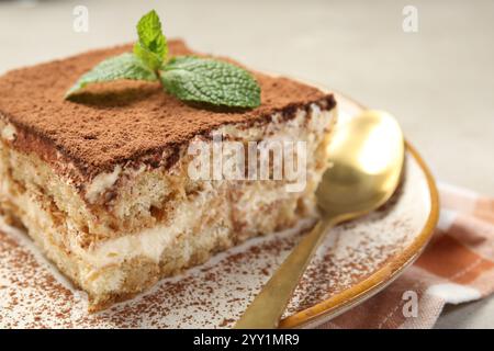 Morceau de tiramisu savoureux avec de la menthe fraîche sur la table, gros plan Banque D'Images