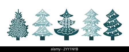 Cet ensemble d'arbres de Noël présente un design minimaliste dans un style vectoriel plat. Chaque arbre présente des lignes et des formes simples, capturant l'essence de Illustration de Vecteur