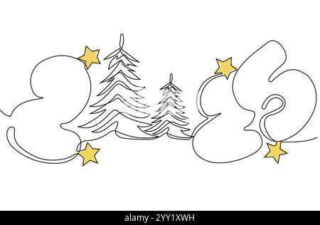 Dessin de doodle continu d'une ligne de la nouvelle année 2025. Concept de vacances, texte d'écriture manuscrite festif du nouvel an, design minimaliste. Illustration vectorielle Illustration de Vecteur