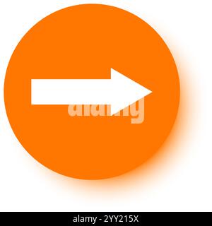 Flèche blanche pointant vers la droite placée sur un cercle orange avec une légère ombre sur un fond blanc, parfait pour indiquer la direction ou le mouvement Illustration de Vecteur