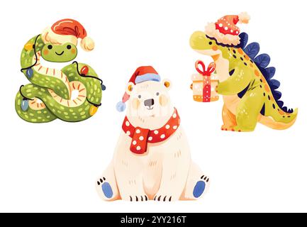 Ensemble de jolies illustrations ou autocollants joyeux Noël et bonne année. Personnages festifs de noël Illustration de Vecteur
