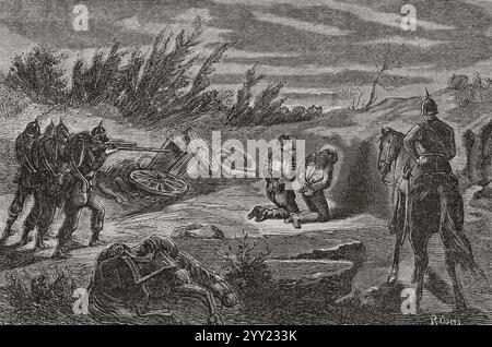 Guerre franco-prussienne (1870-1871). Exécution nocturne de deux hommes, pris la main dans le sac, maraudant un camp prussien. Gravure de Ribas. Historia de la Guerra de Francia y Prusia (histoire de la guerre entre la France et la Prusse). Volume I. publié à Barcelone, 1870. Banque D'Images