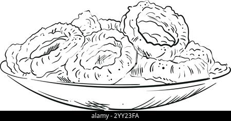 Anneaux d'oignon, illustration vectorielle de restauration rapide dessinée à la main. Snack pour pub design dans le style gravé vintage. Croquis griffé. Idéal pour le menu, l'affiche ou l'étiquette Illustration de Vecteur