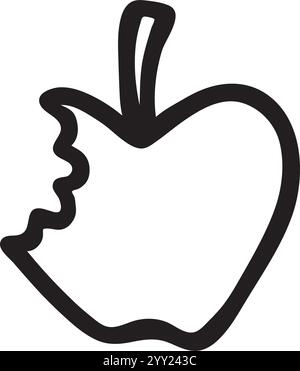 Icône ou logo Doodle de pomme mordu, dessiné à la main avec une fine ligne. Isolé sur fond blanc. Illustration vectorielle Illustration de Vecteur