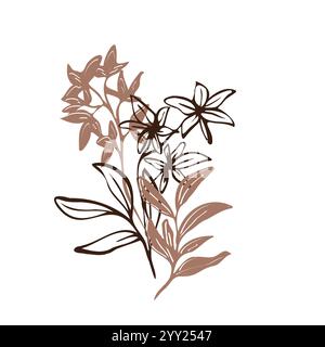Art botanique vectoriel minimaliste : bouquet de fleurs dessinées à la main et de feuilles avec des contours moka et marron, mélangeant l'art au trait et les silhouettes Illustration de Vecteur