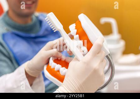 Dentiste portant des gants blancs montrant comment brosser correctement les dents à l'aide d'une brosse à dents et d'un modèle de prothèse dentaire à un patient souriant portant un bavoir Banque D'Images