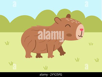 Illustration de paysage capybara vectoriel. Paysage mignon avec capibara debout sur l'herbe. Scène drôle avec animal adorable dans la clairière. Happy Land Illustration de Vecteur