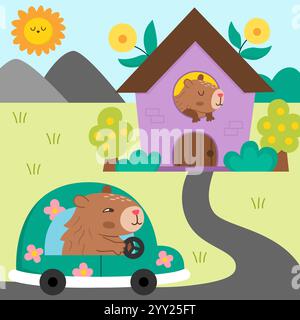 Illustration de paysage capybara vectoriel. Joli paysage carré avec capibara conduisant une voiture verte avec des fleurs roses à la maison. Scène drôle avec adorabl Illustration de Vecteur