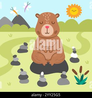 Illustration de paysage capybara vectoriel. Joli paysage carré avec capibara méditant dans le jardin de rocaille avec les yeux fermés. Scène drôle avec animal adorable Illustration de Vecteur