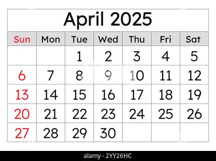 Calendrier pour avril 2025. Illustration vectorielle simple. Page anglaise du mois de printemps Illustration de Vecteur