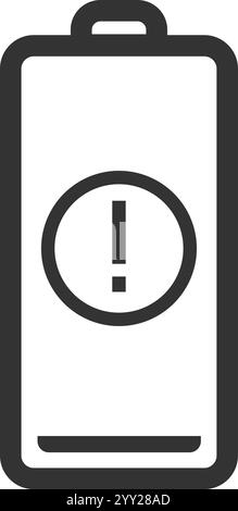 Icône de batterie simple représentant une charge faible, avec un signe d'avertissement de point d'exclamation, présenté comme une illustration vectorielle isolée sur un blanc propre Illustration de Vecteur