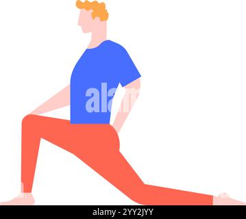 Illustration d'un jeune homme aux cheveux blonds, portant un t-shirt bleu et un pantalon orange, effectuant une posture de yoga en fente en croissant, favorisant la santé Illustration de Vecteur
