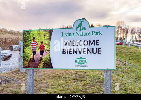 Panneau de bienvenue situé à l'entrée du parc naturel Irving à Saint John, au Nouveau-Brunswick. Le parc est un site de 600 acres (243 hectares) créé par J.D. Banque D'Images