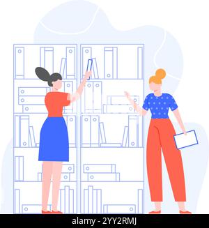 Deux jeunes employés de bureau collaborent tout en recherchant dans les fichiers et les documents dans les archives de l'entreprise, organisant efficacement la paperasse et Illustration de Vecteur