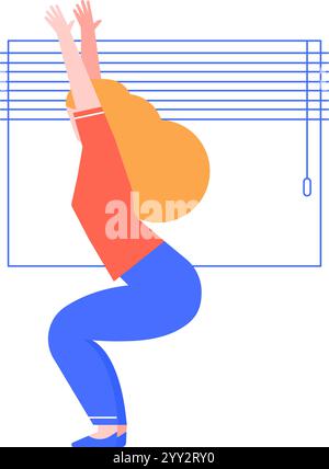 Jeune femme pratiquant la chaise de yoga pose utkatasana devant les stores de fenêtre, favorisant la santé, le bien-être et la pleine conscience par l'activité physique Illustration de Vecteur