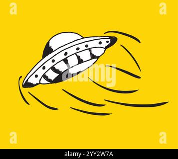 Soucoupe volante laissant des traînées de vapeur sur fond jaune Illustration de Vecteur