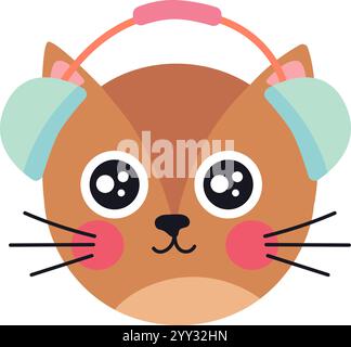 Adorable chat brun portant des cache-oreilles d'hiver, regardant vers l'avant avec de grands yeux expressifs et des joues roses, une illustration charmante et réconfortante Illustration de Vecteur