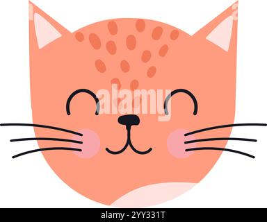 Adorable visage de chat au gingembre de bande dessinée avec les yeux fermés, souriant et faisant des clins d'œil, montrant le bonheur et la joie, idéal pour les produits pour enfants, les imprimés et ludique Illustration de Vecteur