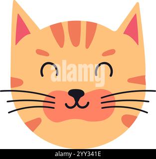 Adorable visage de chat au gingembre de bande dessinée avec les yeux fermés, souriant largement et présentant de charmantes moustaches, rayonnant de bonheur et d'innocence féline ludique Illustration de Vecteur