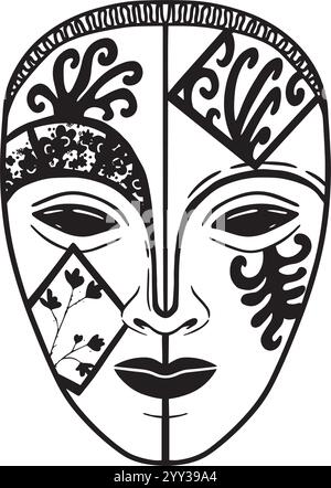 Cette pièce est une représentation artistique d'un masque tribal avec des motifs uniques et des motifs complexes. Graphiques en noir et blanc dessinés à la main pour la conception de sites Web, articles, livret, étiquette ou publicité. Illustration de Vecteur
