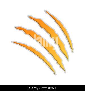 Icône de grattage de chat. Rayures jaunes de griffes d'animaux isolées sur fond blanc. Marques de rayures plates de dragon ou de dinosaure. Fissures dues à des rayures de Illustration de Vecteur