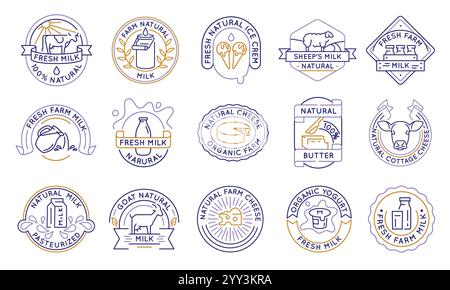 Ensemble de 15 icônes de logo de produits laitiers et agricoles Illustration de Vecteur